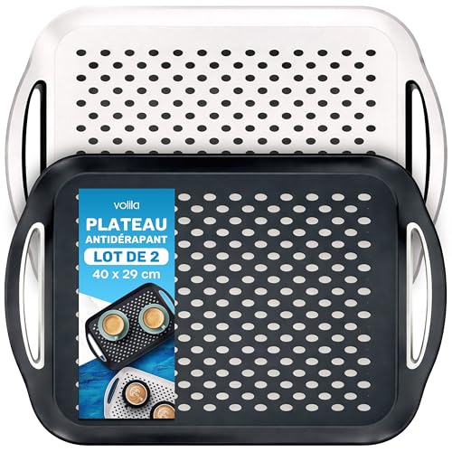 volila Plateau de Service - Plateau Antidérapant Pack x 2 (41 x 29 x 4,5 cm) - Grand Plateau de Service Rectangulaire pour Thé, Repas TV, Plateau Cuisine...