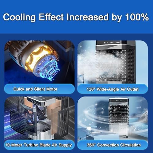 3-in-1 Swamp Cooler - 6000 CFM Evaporative Air Cooler with Remote, 120° Oscillation, 4 Ice Packs, 12H Timer, Ideal for Indoor & Outdoor Use (45x35x90cm)