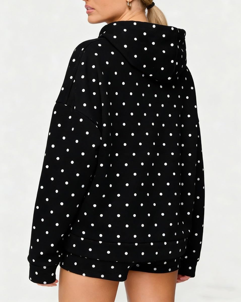 Women Polka Dot Hoodie Shorts Set Long Sleeve Oversized 2 Piece Sweat Set Casual Y2k Sweatshirt Matching Sets - Image 3
