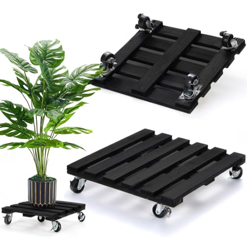 Duscdesp 2 Stück Pflanzenroller Quadratisch 30cm Blumenroller, Holz Rollbrett Pflanzen mit 360° Feststellbare Räder Schwerlastbereich Blumentopf Untersetzer mit Rollen Wetterfest (Schwarz)