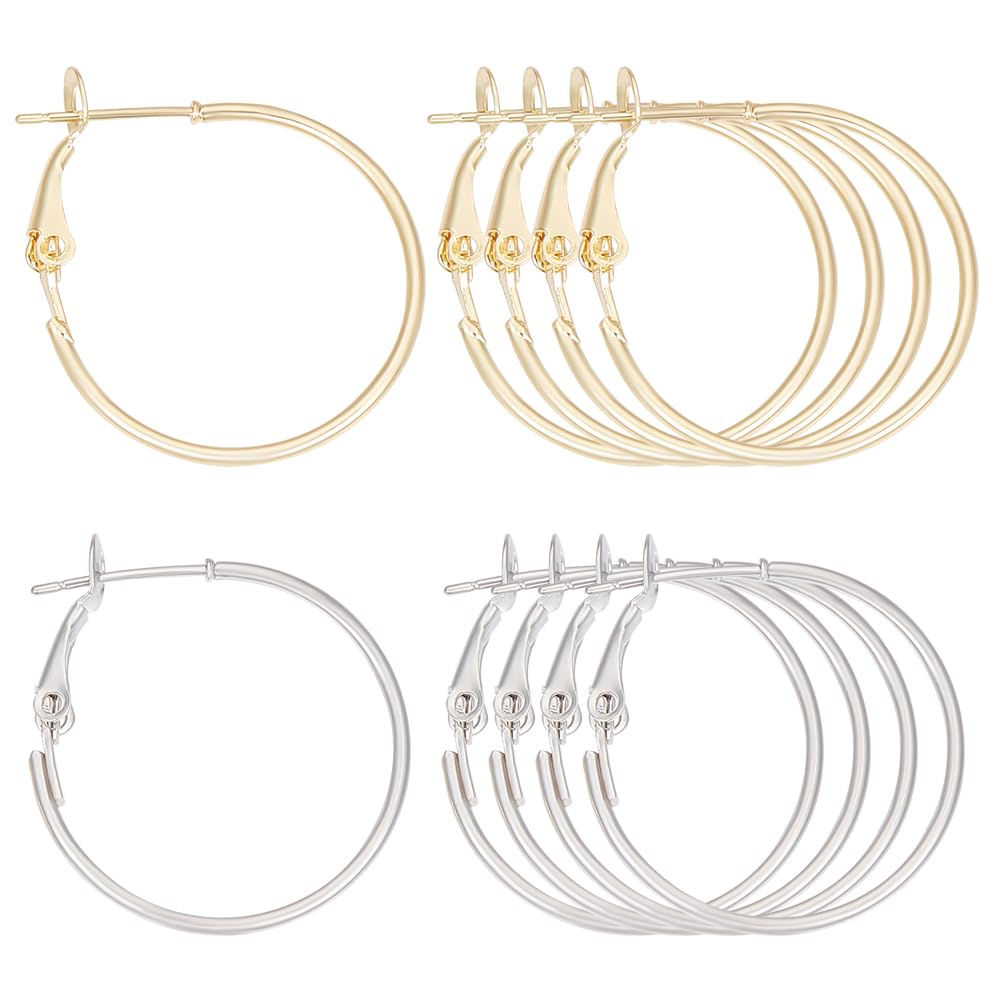 Beebeecraft 1 Box 24Pcs Hoop Earring Findings 18K Gold & Platinum Plated Brass 2 Colors Ring Earring Wire Hoop Earring for Jewellery Making Supplies Pin: 0.7mm