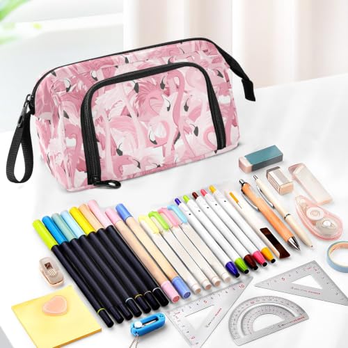 Image of Pink Flamingo Print Pencil Case Pouch Big Capacity Pencil Bag Box Organizer Pen Case with Compartmens Stationery Organizer for Girls Boys Women School College Office