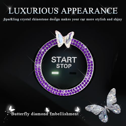Image of DXNQ 2PCS Bling Ring Emblem, Sparkling Butterfly Car Buttons and Knobs Ring, Girly Butterfly Diamond Car Engine Start Button Cover, Key Ignition Knob Rings Decoration for Women (Purple, Double Row)