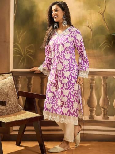 Image of Women's Floral Printed Cotton Afgani Kurta with Lace Detail Full Sleeves