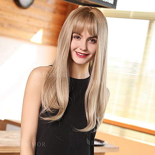 Emmor Long Ash Blonde Synthetic Wigs for Women - 20 Inch Natural Straight Hair Middle Part With Air Bang Wig, Party Cosplay Daily Use