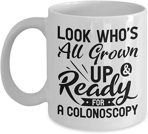 ODDITEES Taza divertida de 50 cumpleaños con texto en inglés Look Who's All Grown Up And Ready For A Colonoscopy, taza de café de 11 onzas, color