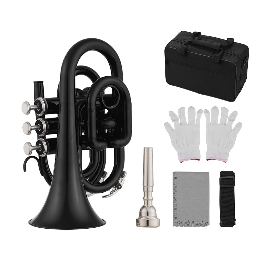 Mini-Trompete, Mini-Trompete, Bb, flach, Messingmaterial, Blasinstrument mit Mundstück, Handschuhen, Reinigungstuch, Tragetasche