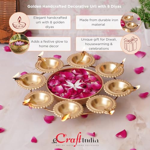 Image of eCraftIndia Golden Metal Handcrafted Decorative Urli with 8 Diyas | Urli Bowl for Home Decor | Urli for Floating Flowers | Diwali Decoration Items for Home Decor | Housewarming Diwali Gift