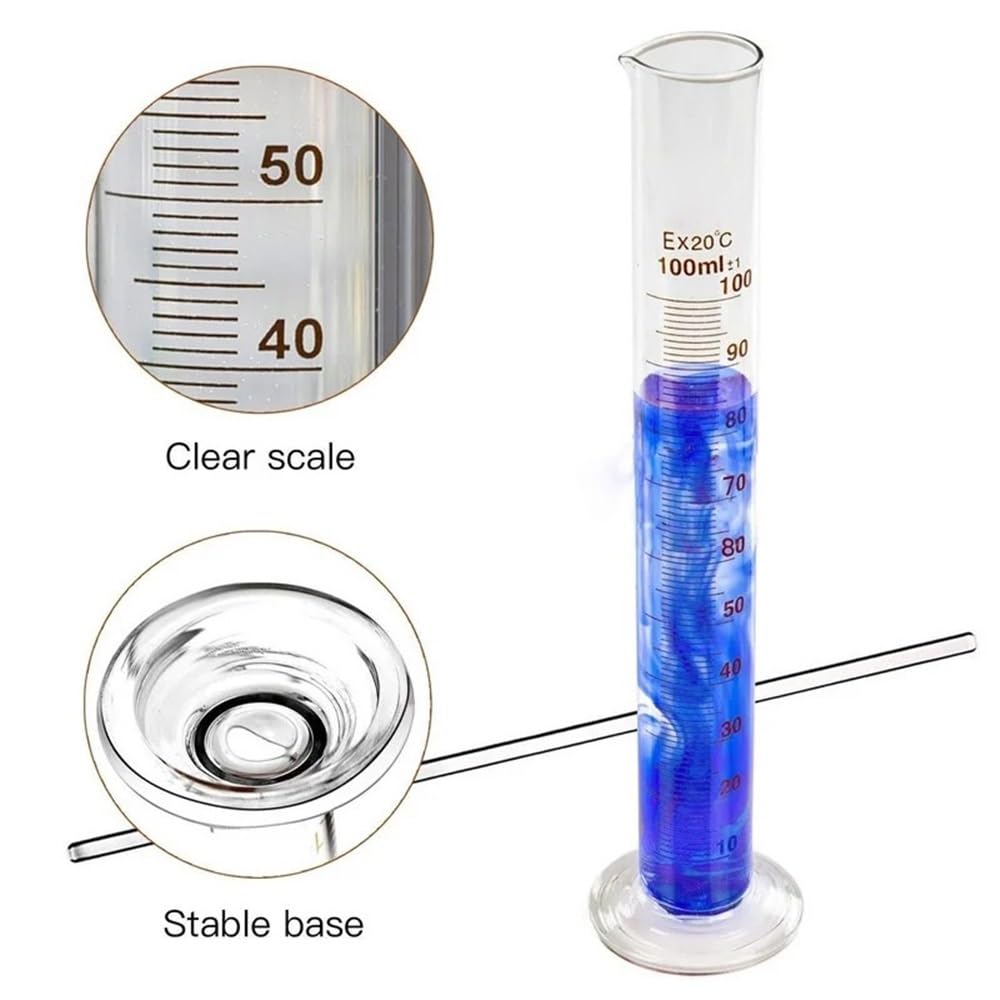 Confezione da 5 cilindri graduati in vetro da 5 ml, 10 ml, 25 ml, 50 ml e 100 ml, set di cilindri da laboratorio con 1 asta
