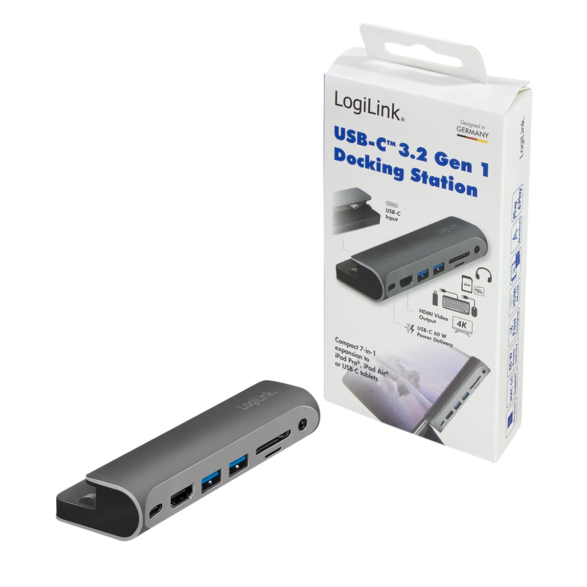LogiLink UA0385 - USB 3.2 Gen 1 stacja dokująca do iPad Air, iPad mini i iPad Pro, 7 portów, USB-C PD, srebrna/czarna