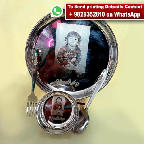 Image of Customised /Laser Photo Print Stainless Steel Round Lunch & Dinner Set for Kids Dinner Plate (4 PC (Medium))