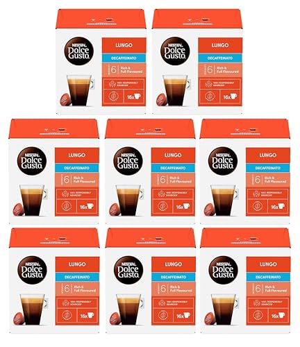 NESCAFE DOLCE GUSTO Lungo Decaffeinated Coffee Pods (Pack of 8 Total 128 Decaf Capsules)