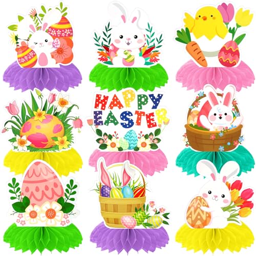 DTOFOOT 9pcs Happy Easter Honeycomb Decorations, 3D Easter Table Decorations,EasterEgg Bunny Centerpiece with Ballon for Easter Party Family Gathering Decoration