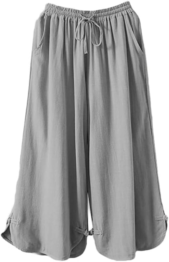 Minibee Women's Linen Pants Drawstring Waist Wide Leg Trousers with Frog Button