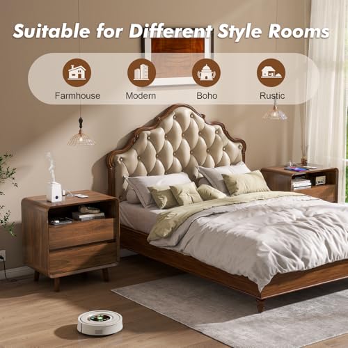 Image of Nasonet Night Stand Set 2 with Charging Station, 23.7'' Wide Mid Century Modern Nightstand with 2 Drawers, Wood Bedside Table with USB Ports for Bedroom, Curved Beveled Design, Walnut