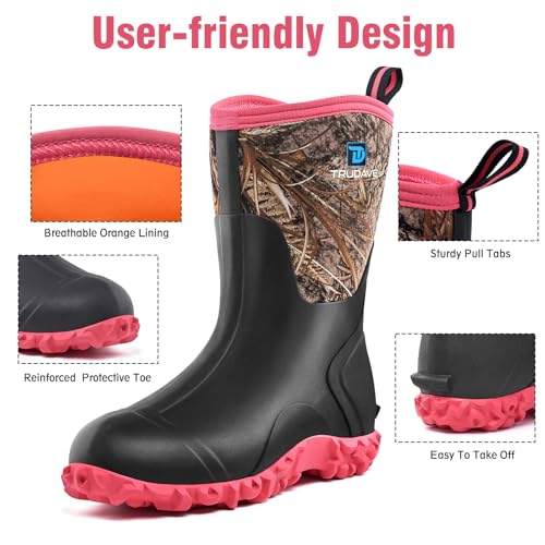 Image of Trudave Rubber Boots for Women with Steel Shank, 6mm Neoprene Mid Calf Rain Boots, Waterproof Insulated Mud Work Boots All Season, Size 5-11