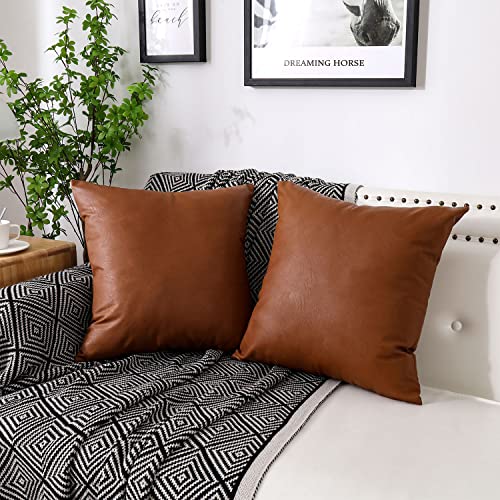 Chrisdowa Set Of 2 Faux Leather Throw Pillow Covers, Thick Cognac Modern Solid Decorative For Bedroom Living Room. Cushion Cases For Couch Bed Sofa.brown,18"X18" #TOP1