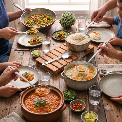Image of Montavo by FnS 5 Pieces Stainless Steel Serving Spoon Set for Dining Table & Kitchen, Heavy Gauge, 1 Rice Spoon, 2 Soup Ladle (Karchi), 2 Solid Spoon (Chamcha, Spatula) Pack of 5