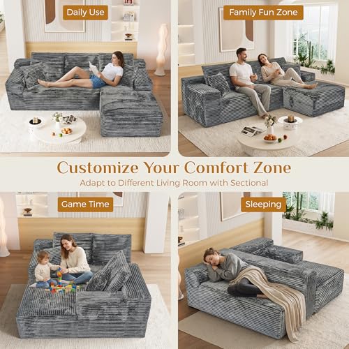 Image of 108 inch Boneless Cloud Sectional Couches for Living Room, Comfy Fluffy L Shaped Memory Foam Deep Seat Boneless Couch, Modular Sectional Sofa with Right Facing Chaise, Grey