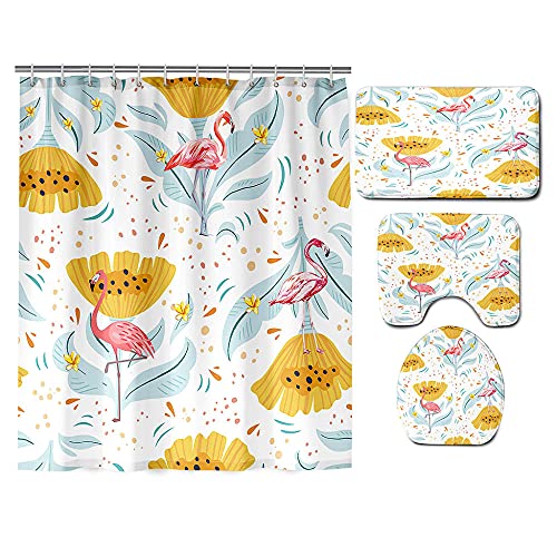 ZDDWLDL 4-Teilig Duschvorhang Set Mit Rutschfesten Teppichen Toilettendeckel Und Badematte Wasserdicht Farbfest Schimmel…