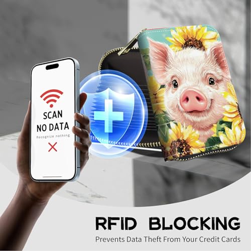 Image of Cute Credit Card Holder with Zipper, Pig Sunflowers RFID-Blocking Card Case Small Wallet for Women Men, Multi-slot Card Organizer Case Travel Accordion Wallet