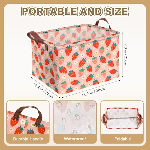 Image of Strawberry Storage Basket Waterproof Canvas Toy Storage Bin Strawberry Shortcake Room Decor Collapsible Outdoor Basket with Leather Handles Blanket Baskets For Closets,Bedrooms,Gifts Baskets