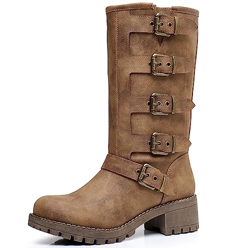 Image of GLOBALWIN Chunky Mid Calf Fashion Dressy Motocycle Biker Military Style Combat Boots for Women Low Heel