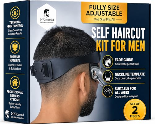 247 Groomed Self Haircut Kit for Men | 2Pcs SelfCut Guide for Men: Neckline Shaving Template & Fade Guide | Adjustable Size Hair Fade Tool & Stable Neck Line Up Tool | Hair Cut for Kids & Seniors