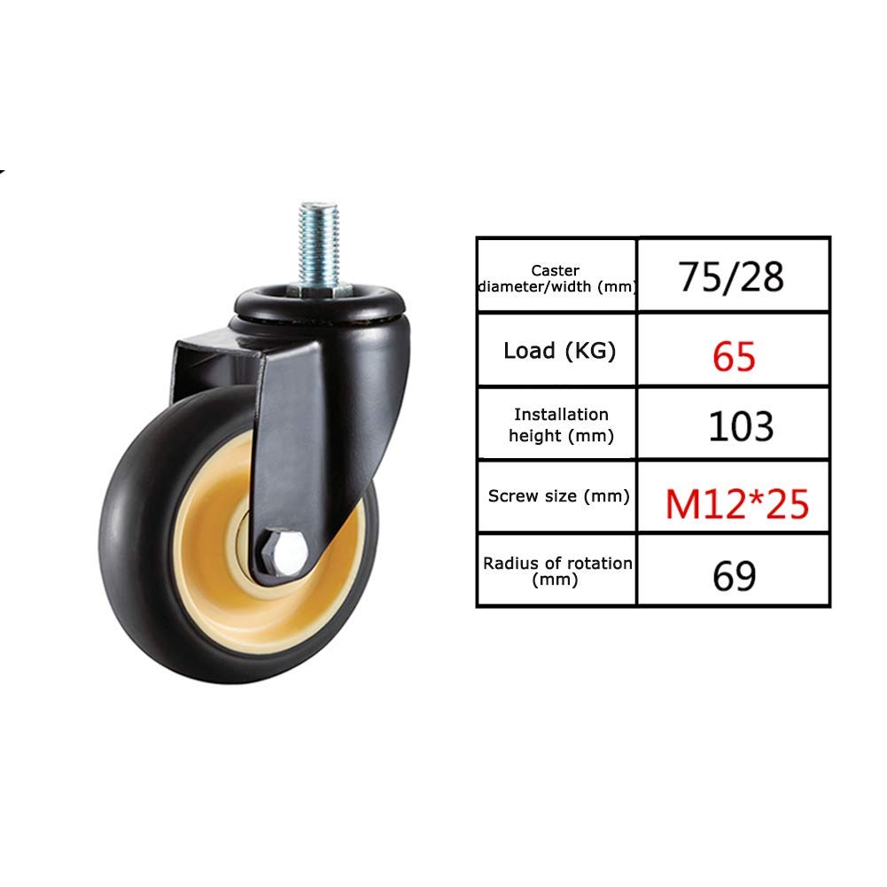 Ruote per carichi Pesanti, 4 Ruote industriali con Stelo in Gomma Resistente, Filettatura M12, 3" 4 Pollici, Portata 300 kg, silenziose, per carrelli di Trasporto mobili - Vite (2 Senza Fren