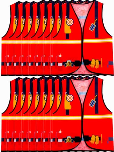 Puteraya 16 PCS Kids Career Role Play Vest Costume Set Construction Firefighter Police Soldier Vests Bulk for Kids Halloween Dress Up (Firefighter Set 1)