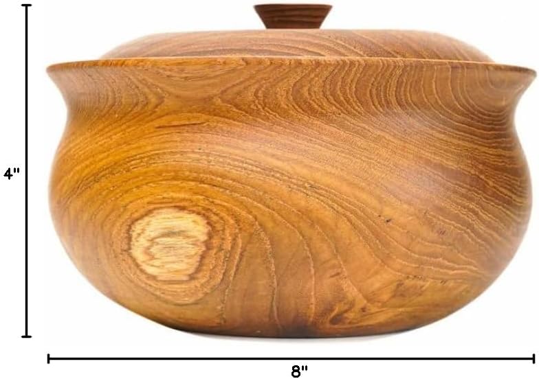Rainforest Bowls 8" Jumbo Ripple Javanese Teak Wood Bowl w/Lid- Perfect for Everyday Use, Hot & Cold Friendly, Ultra-Durable- Exclusive Luxury Wooden Bowl Design Handcrafted by Indonesian Artisans