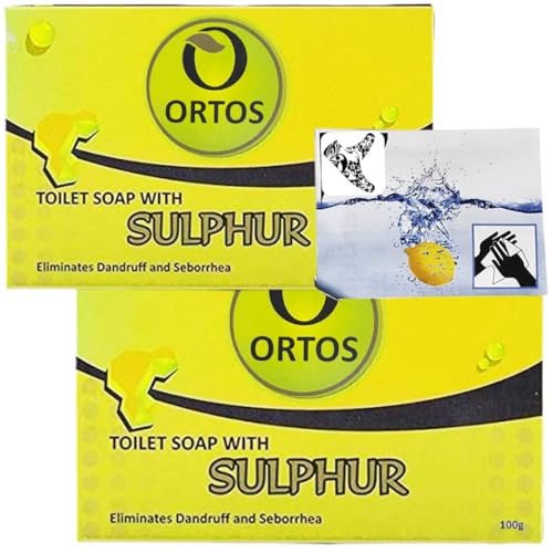 ORTOS Schwefelseife, Ideal bei Akne und fettiger Haut, Mitessern, Pickeln - Geeignet für den ganzen Körper und die Haare - Entfernt Talg, Unreinheiten und Schuppen - 2x100gr