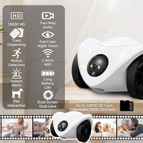 Pet Camera Treat Dispenser, Movable Pet Robot Cam with Phone App, 1080P Indoor Security Camera for Dog/Cat/Home Monitoring+32G SD Card, 2-Way Talk, Night Vision, Motion Detection (2.4GHz WIFI Only) - Image 3