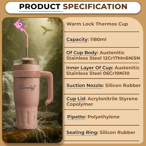 Image of Insulated Tumbler with Straw Lid and Handle (1200 ML) Double Wall Sipper Water Bottle for Adults, Tumbler Bottle with Straw (Pastel Rosette, 1200 ML, with Bear Straw Cover)