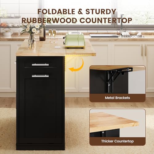 Dripex 53\'\' Rolling Kitchen Island with Power Outlet, Drop Leaf & Trash Can Storage, Large Island Cart on Wheels with Rubberwood Top, 4 Drawers, Open Shelves, for Kitchen, Dining Room (Black) - Thumbnail 3