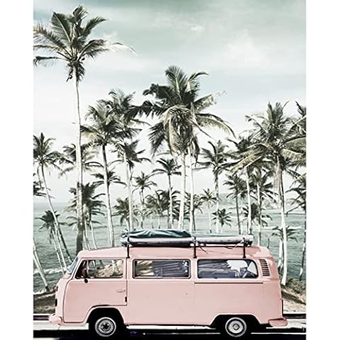 Coastal Scenery Paint by Numbers Kits 16 x 20 inch Canvas DIY Oil Painting for Kids, Students, Adults Beginner with Brushes and Acrylic Pigment - Palm Pink Car Photo (Without Frame) Cover