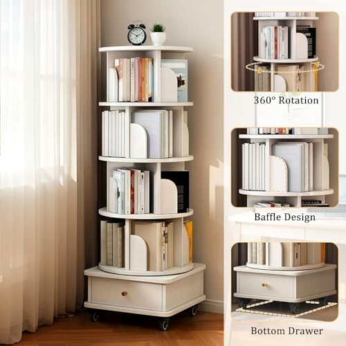 5-Tier Rotating Bookshelf with 360° Display – Round Spinning Book Tower with Wheels & Drawer, Space-Saving Organizer for Bedroom, Office, Display Bookshelf, Rotating Bookcase, Warm White - Image 4