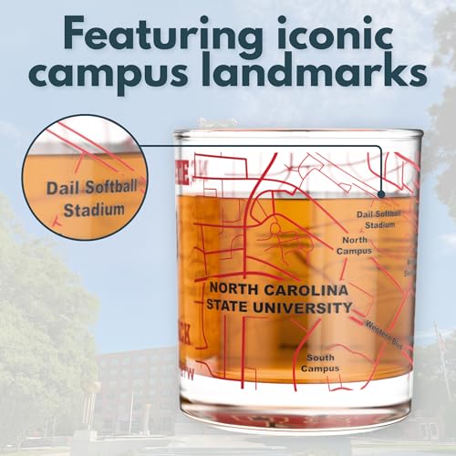 Image of Greenline Goods - North Carolina State University Wolfpack College Whiskey Glasses (Set of 2), 10 oz - Full-Color Logo + Campus Map