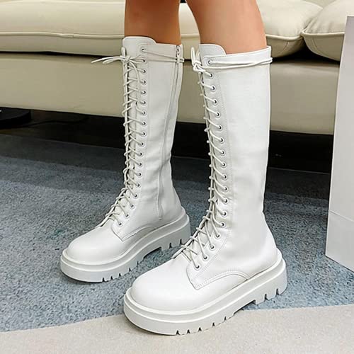 HINDOLA Women's Knee High Boots Winter Lace up Zipper Mid Calf Military Boots Leather Riding Combat Boots2