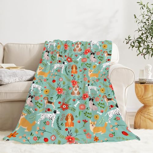 JOCASA Floral Dog Blanket Gifts Flannel Lightweight Soft Cozy Blankets Throws Bedding Kids Adult Couch Sofa Bedroom Camping Travel Girls Boys 90