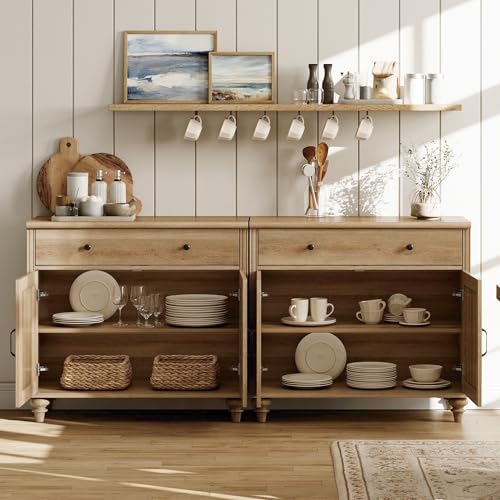 WAMAPT Buffet Cabinet with 4 Doors and 2 Drawers, Large Coffee Bar Table Wood Kitchen Storage Cabinets with Storage Cabinets, Modern Farmhouse Sideboard Credenza for Dining Room, Oak, 68 inch - Image 4