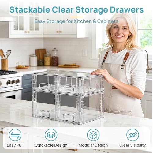 Image of Vtopmart 4 Pack Clear Stackable Storage Drawers,Under Sink and Kitchen Organizers Storage,Easy to Assemble Plastic Drawers for Baby Bottle,Medicine, Bathroom,Cabinet and Pantry Organization