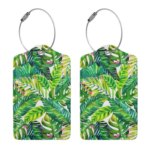 Paquete de 2 etiquetas de equipaje de cuero para maleta, hojas de palma verde tropical, etiqueta de identificación y bucle de acero inoxidable para mujeres y hombres, etiquetas de viaje para equipaje