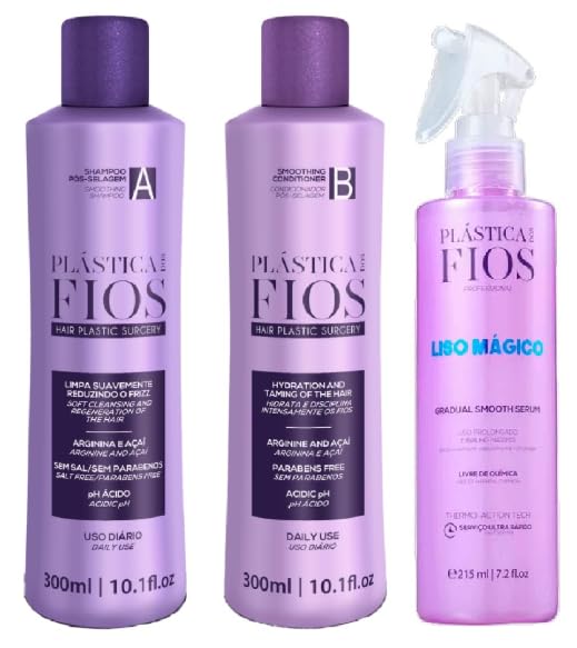 Plastica Dos Fios Home Care Kit- Maintenance Set Shampoo, Conditioner and Gradual Smooth Serum For Longer Straightening Time - Memory System - Brazilian Keratin - Queratina Brasileña