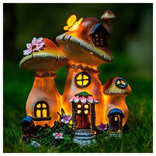 Candieslife Solar Garden Statue Lights Mushroom Fairy House Figurine, Outdoor Memorial Garden Ornaments Waterproof Decoration for Outside Patio Yard Lawn Decor