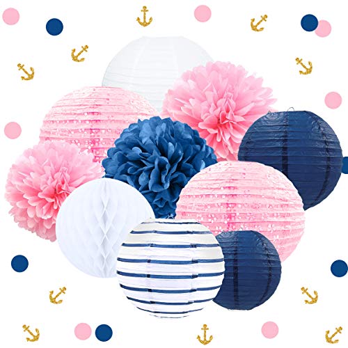 NICROLANDEE Nautical Pink Navy Blue Party Decoration Baby Shower Hanging Paper Lantern Party Confetti Tissue Pom Poms Kit for Gender Reveal Decorations Bridal Shower Wedding Birthday Hen Party