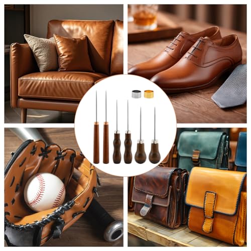 6Pcs Awl Tool Set, Leather Punch Stitching Marking Awl Tool Gourd Shape Handle Punch Tools DIY for Sewing Stitching Bookbinding Punching Marking Crafts Wood Shoe Repair