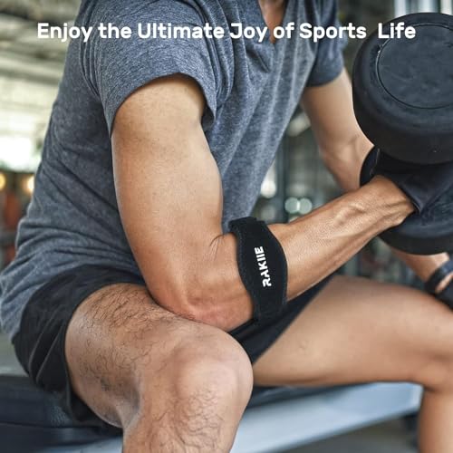 Image of Rakiie Elbow Brace for Tendonitis, Adjustable Golf and Tennis Elbow Relief for Men and Women (1, Blue-1 Pack)