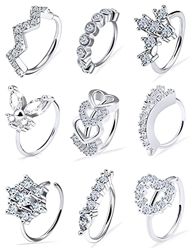 Vsnnsns 20G Nose Rings Hoops for Women 316L Stainless Surgical Steel Heart Butterfly Flower Cross Cubic Zirconia Nose Rings Hoops Piercing Jewelry for Women Men 20 Gauge Silver Black Rose Gold 8MM