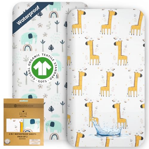 Bio-Baumwolle GOTS 2in1-Packung mit 2 Wasserdichten Spannbettlaken, die anstelle des Wasserdichten Matratzenschoners verwendet Werden, kompatibel mit Allen Beistellbetten, Stubenwagen bis zu 90x55cm